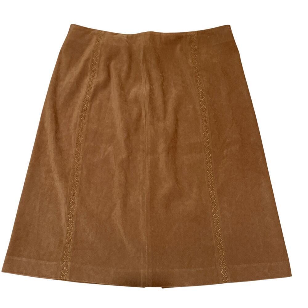 Talbots Vintage 90s Tan A Line Vegan Suede Embroidered Boho Skirt 14 Camel Brown